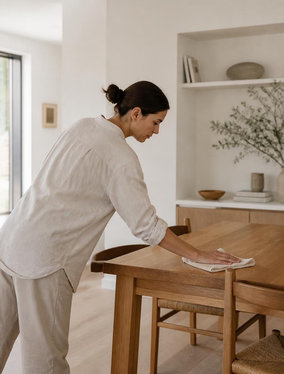 Personne effectuant l'entretien d'une table en bois dans un intérieur lumineux
